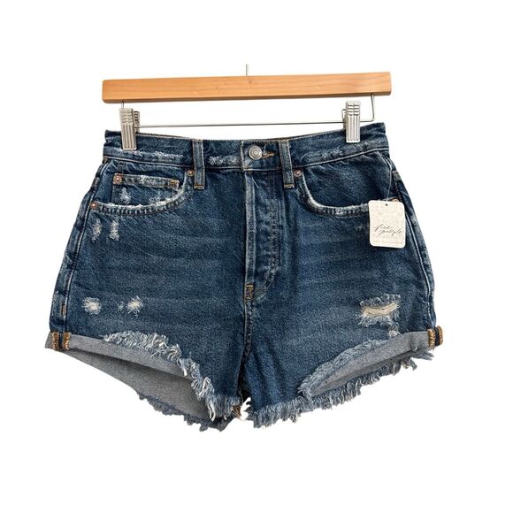 NWT Free People Denim Cut-off Mini Shorts 25 in Deep Sea wash distressed western - Picture 1 of 8